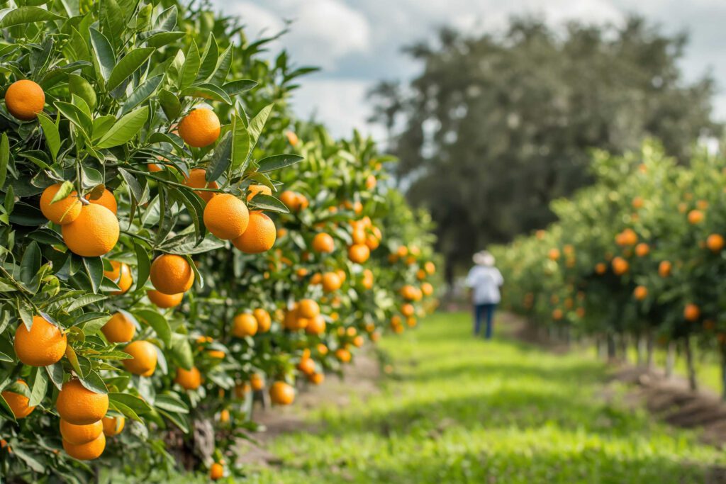 Rows of orange trees filled with ripe oranges under a cloudy sky, with a person wearing a hat walking through the orchard in the distance.