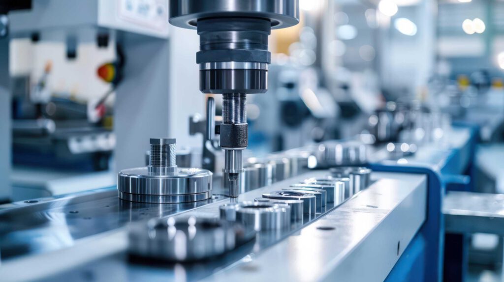 Close-up view of a precision CNC machine operating on metal components in a modern manufacturing facility.