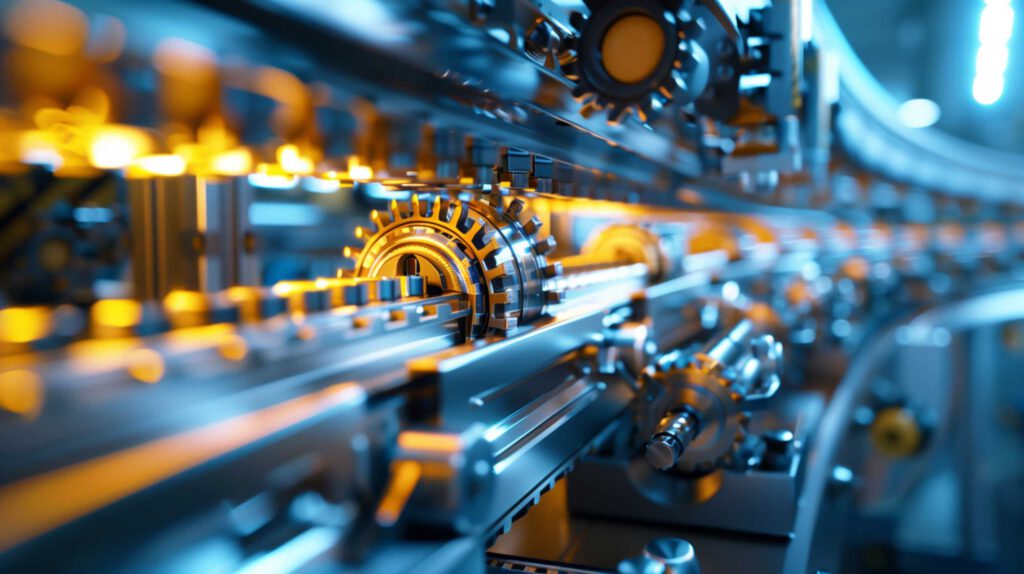 Close-up view of interlocking metal gears and machinery parts moving along an automated production line in a high-tech industrial facility.